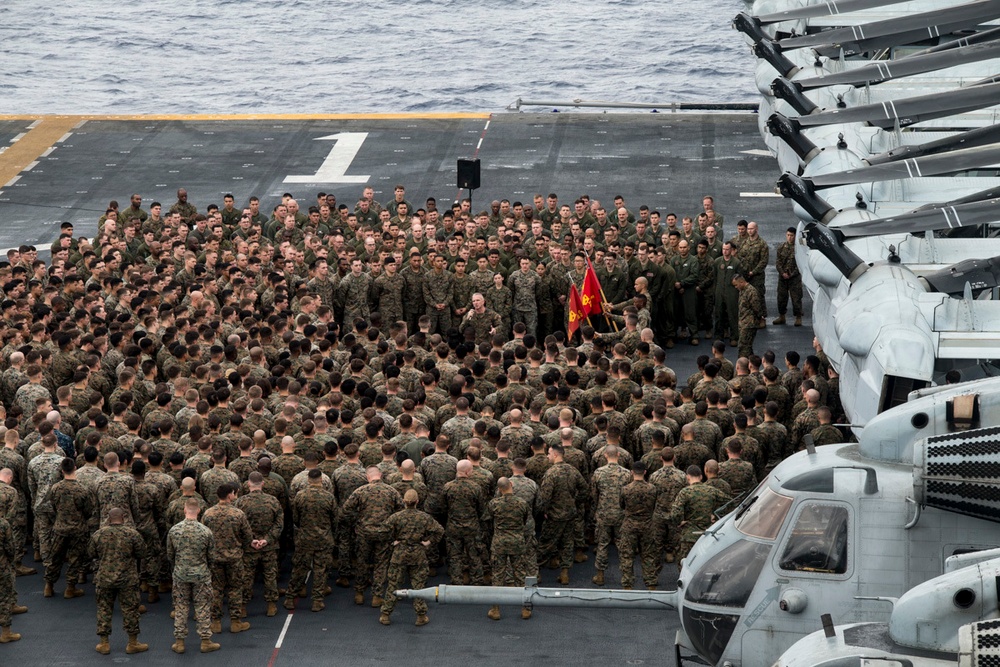 The 31st MEU holds formation aboard the USS Wasp