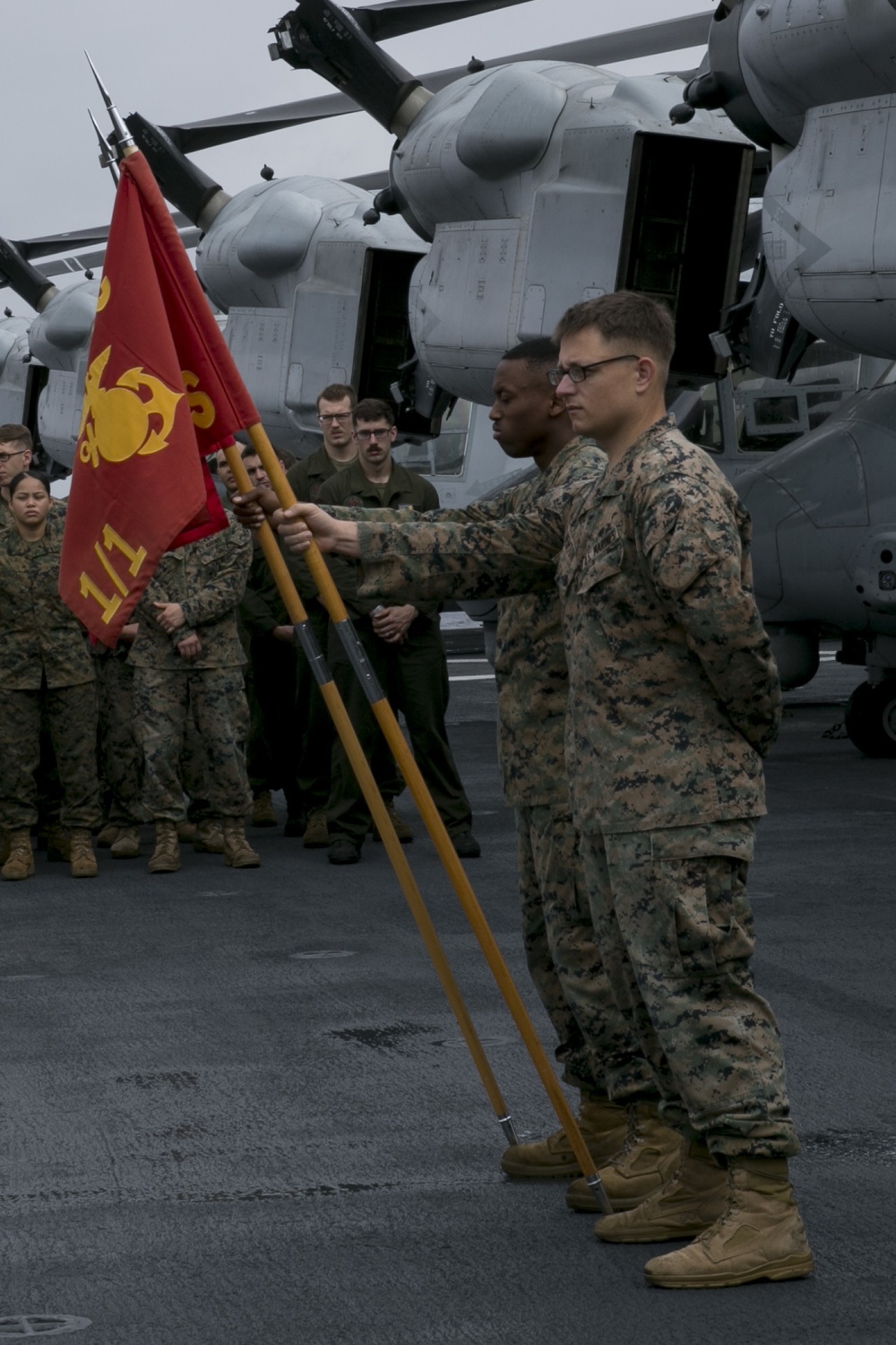 The 31st MEU holds formation aboard the USS Wasp