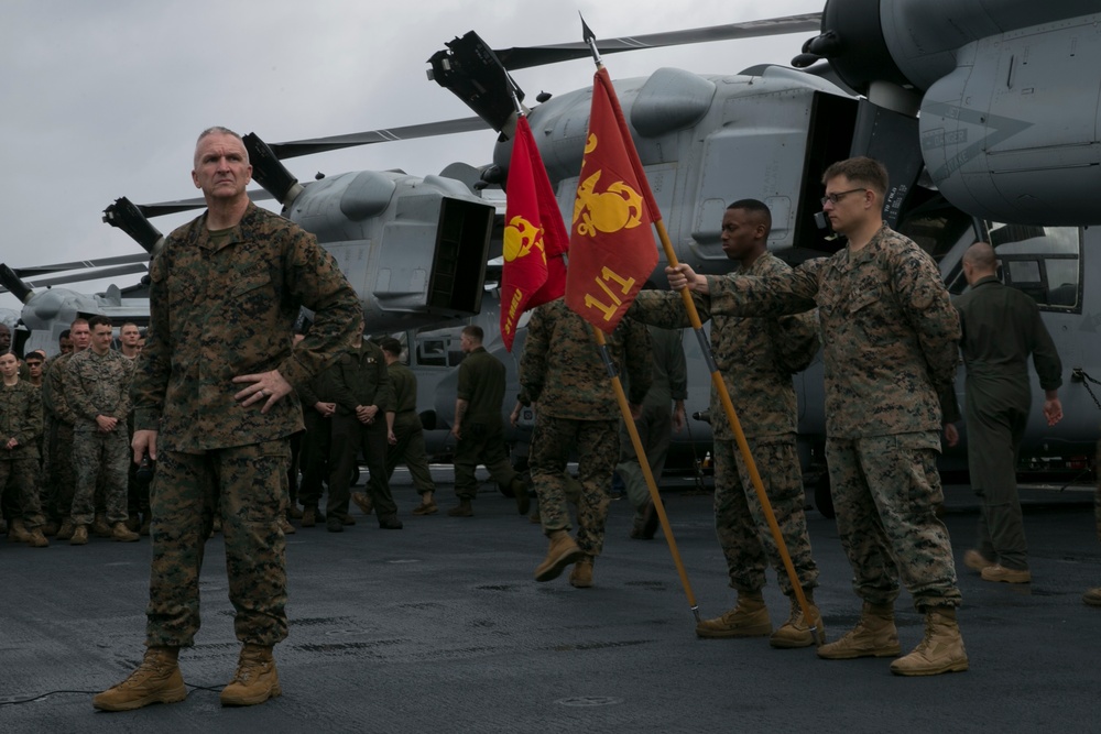 The 31st MEU holds formation aboard the USS Wasp