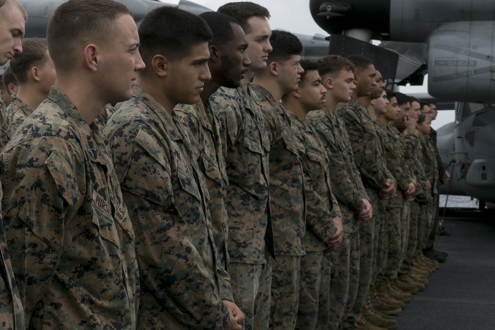 The 31st MEU holds formation aboard the USS Wasp