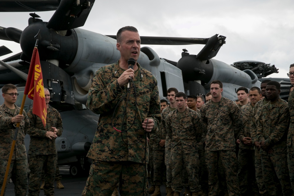 The 31st MEU holds formation aboard the USS Wasp