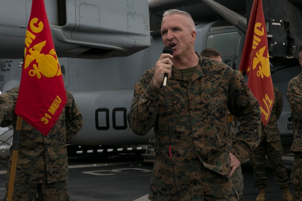 The 31st MEU holds formation aboard the USS Wasp