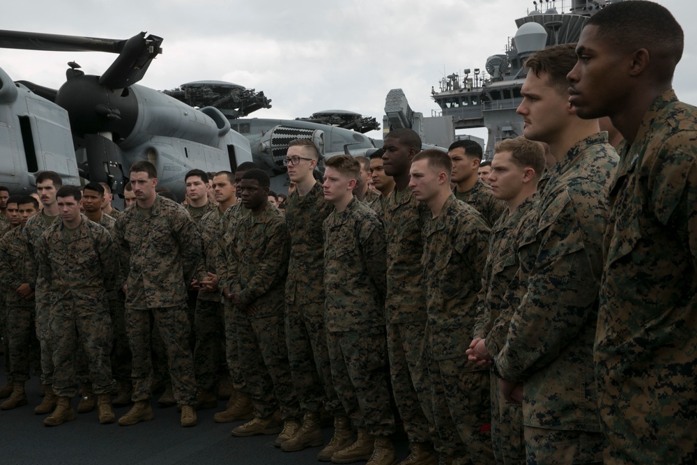 The 31st MEU holds formation aboard the USS Wasp