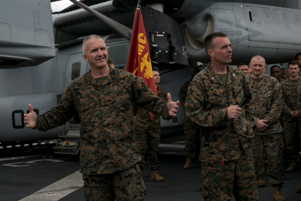 The 31st MEU holds formation aboard the USS Wasp