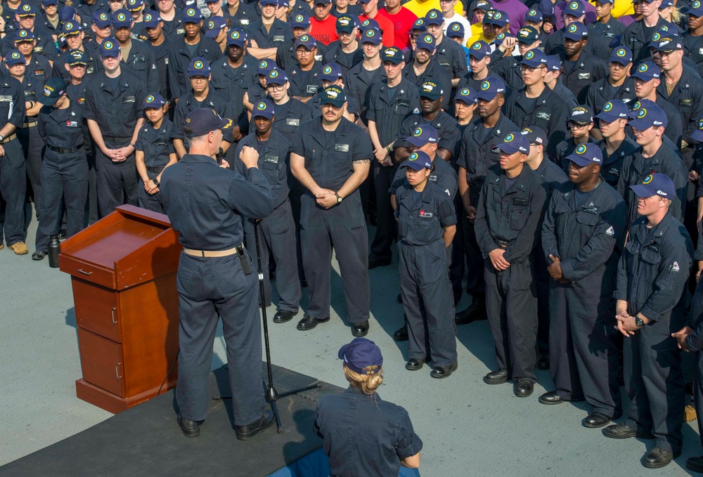 USNS Mercy holds All-Hands Call on flight deck