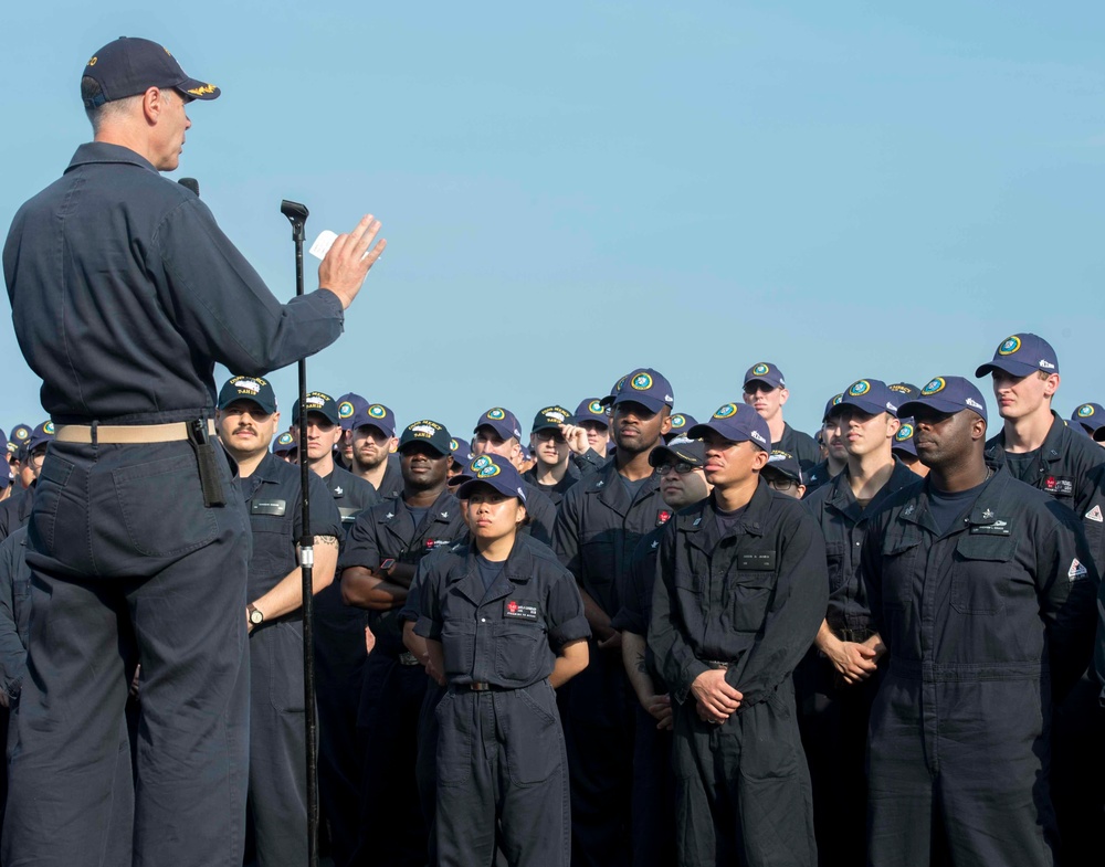 USNS Mercy holds All-Hands Call on flight deck