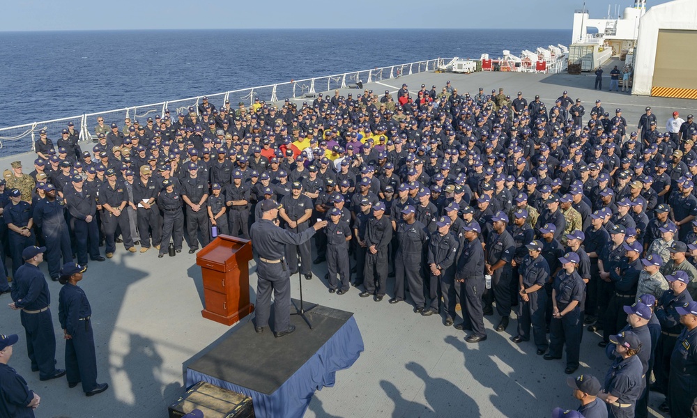 USNS Mercy holds All-Hands Call on flight deck