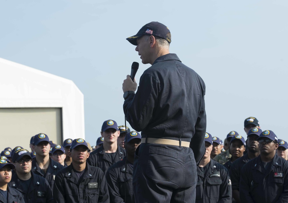 USNS Mercy holds All-Hands Call on flight deck