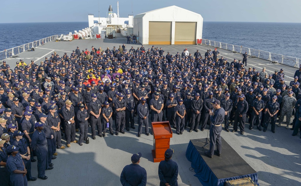 USNS Mercy holds All-Hands Call on flight deck