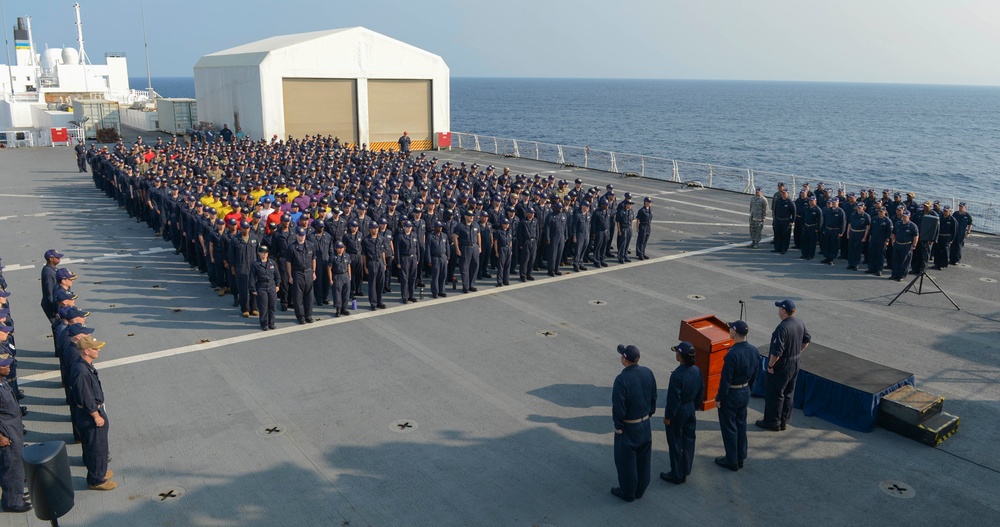 USNS Mercy holds All-Hands Call on flight deck