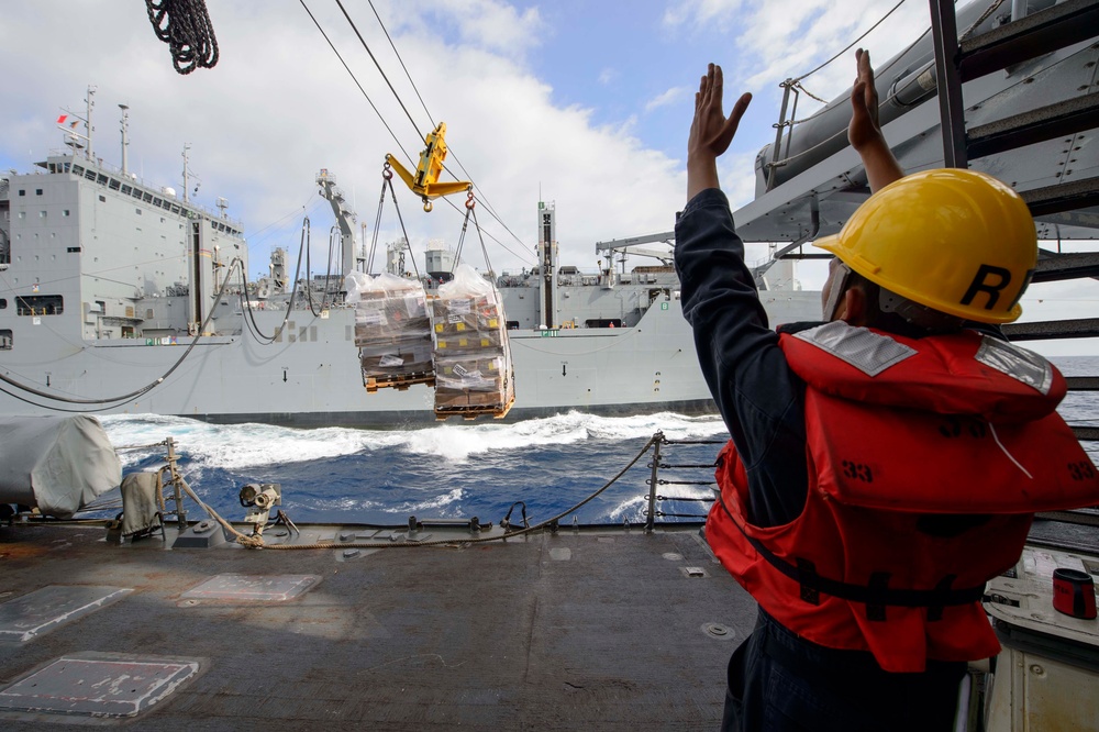 USS Mustin (DDG 89) conducts a replenishment-at-sea with USNS Matthew Perry (T-AKE-9)