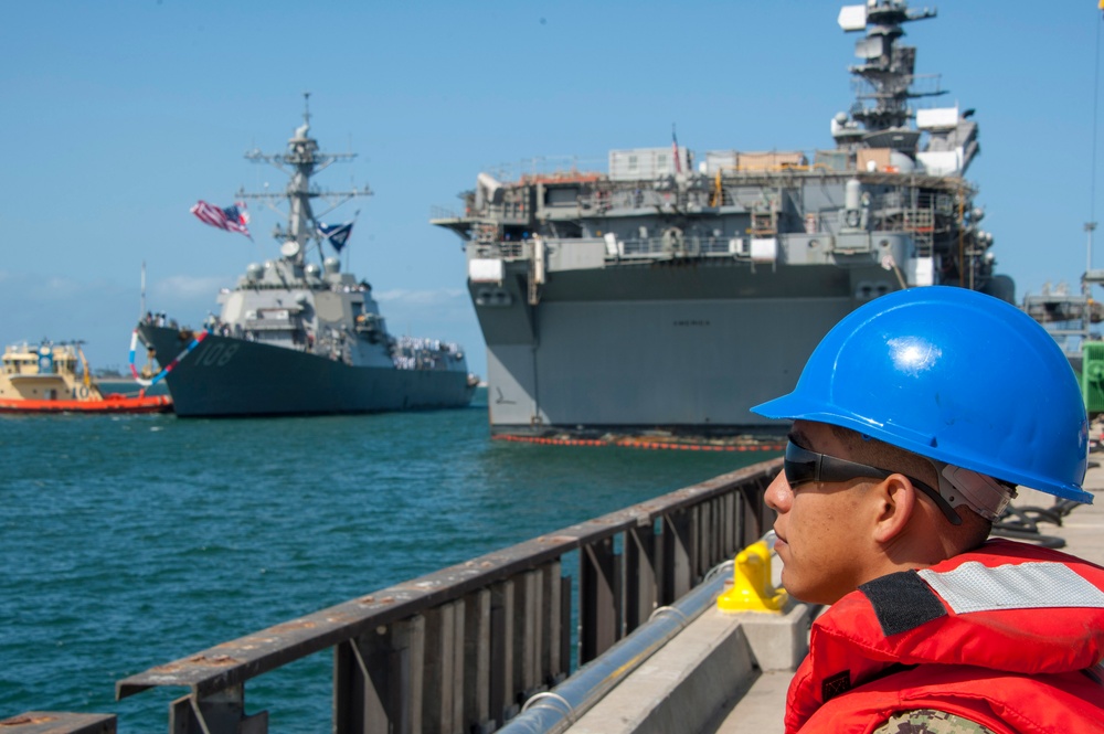 USS America Sailors moor USS Wayne E. Meyer after Deployment