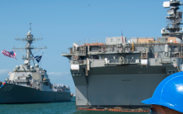 USS America Sailors moor USS Wayne E. Meyer after Deployment