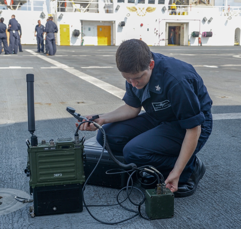 Service members conduct communications training aboard USNS Mercy