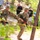 Two soldiers in full combat gear and helmets are running through a wooded obstacle course or training exercise, ducking under yellow tape barriers. They are carrying rifles with red training barrel indicators and wearing multicam uniforms with tactical vests. Civilian spectators line the course behind yellow tape, some photographing the event.