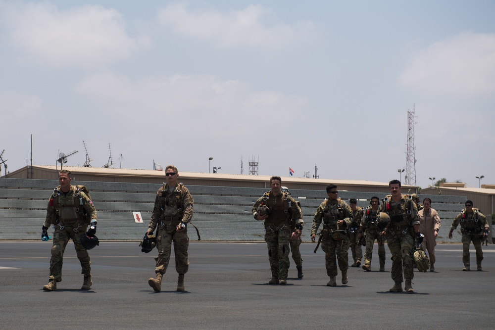 Pararescue Airmen practice military free fall