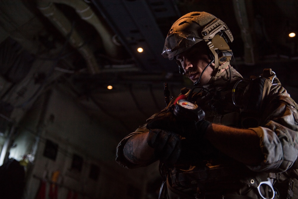 Pararescue Airmen practice military free fall