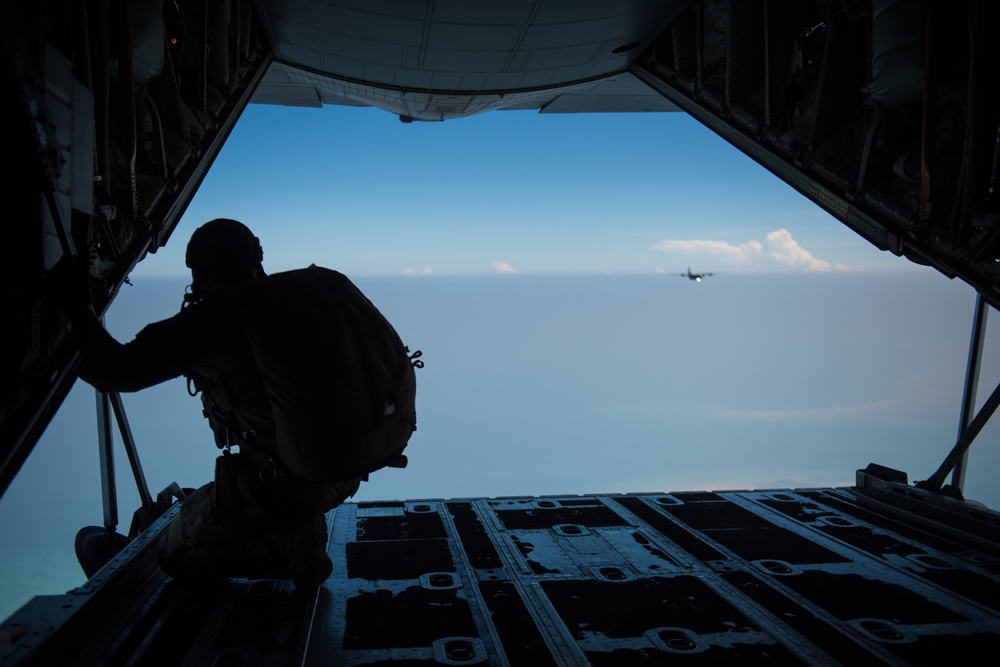 Pararescue Airmen practice military free fall