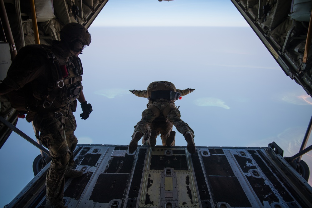 Pararescue Airmen practice military free fall