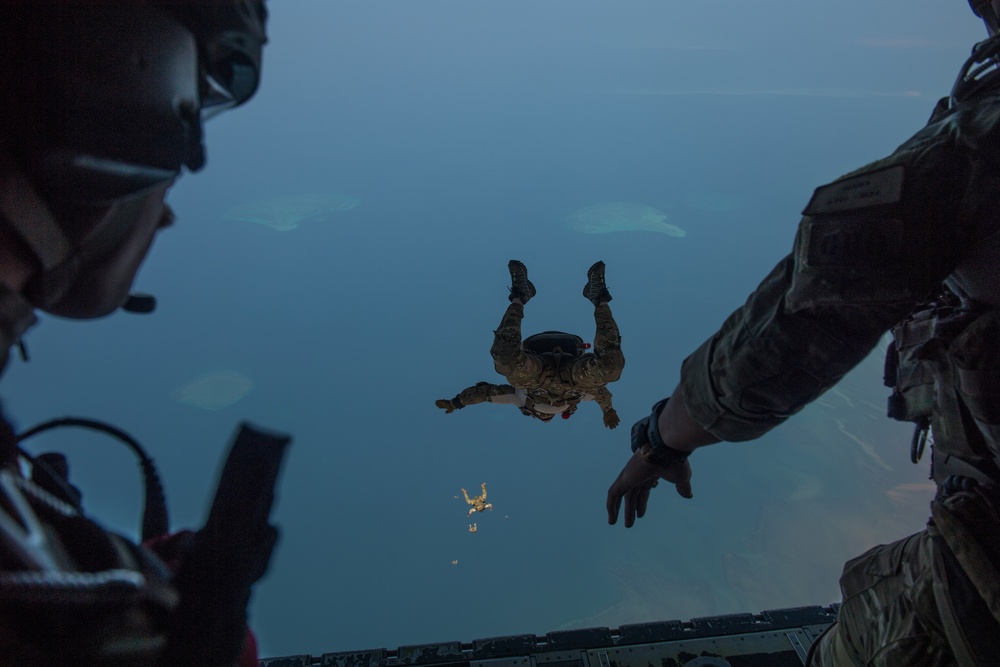 Pararescue Airmen practice military free fall