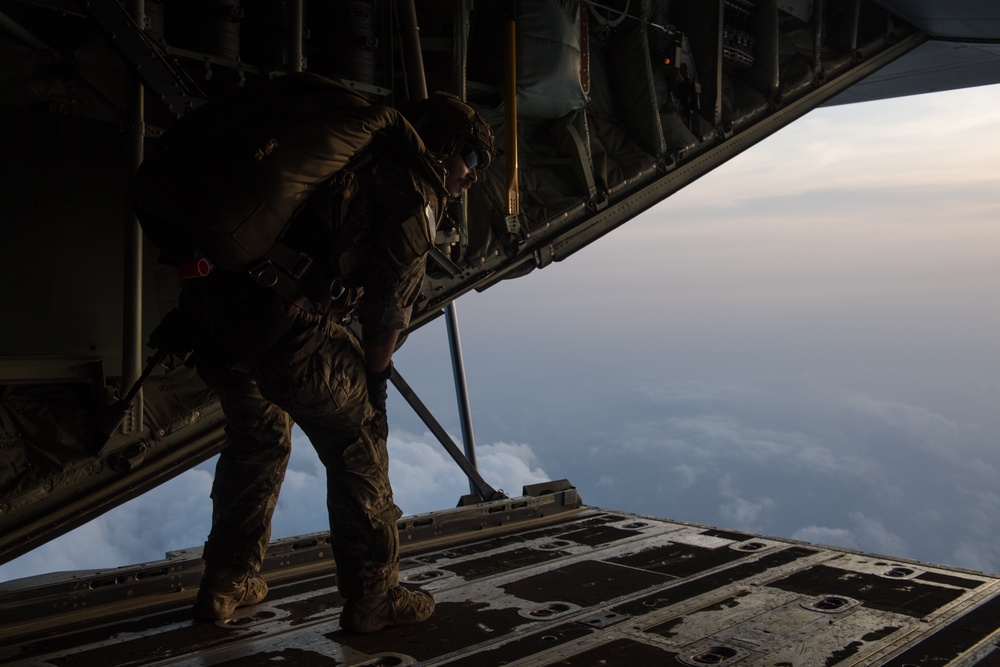 Pararescue Airmen practice military free fall