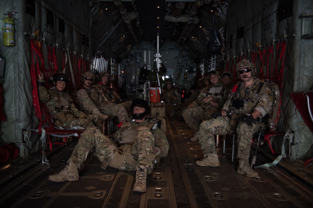 Pararescue Airmen practice military free fall