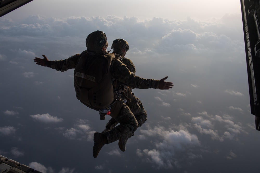 Pararescue Airmen practice military free fall