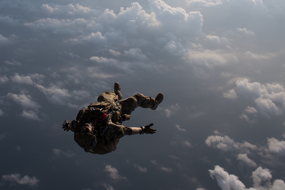 Pararescue Airmen practice military free fall