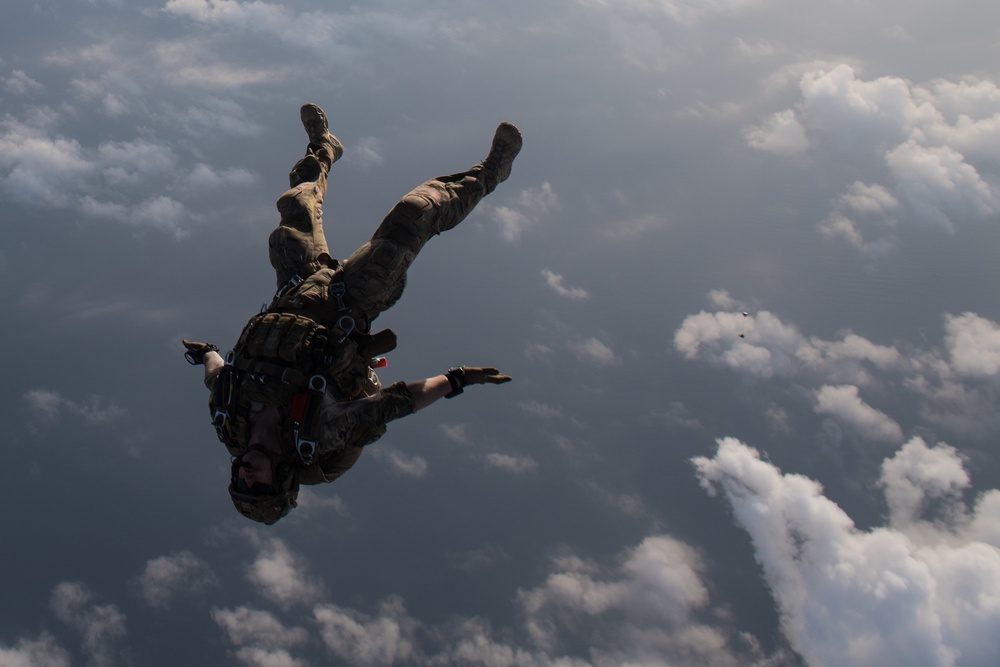 Pararescue Airmen practice military free fall