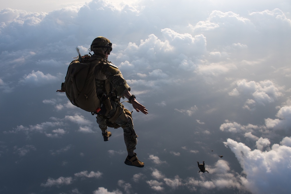 Pararescue Airmen practice military free fall