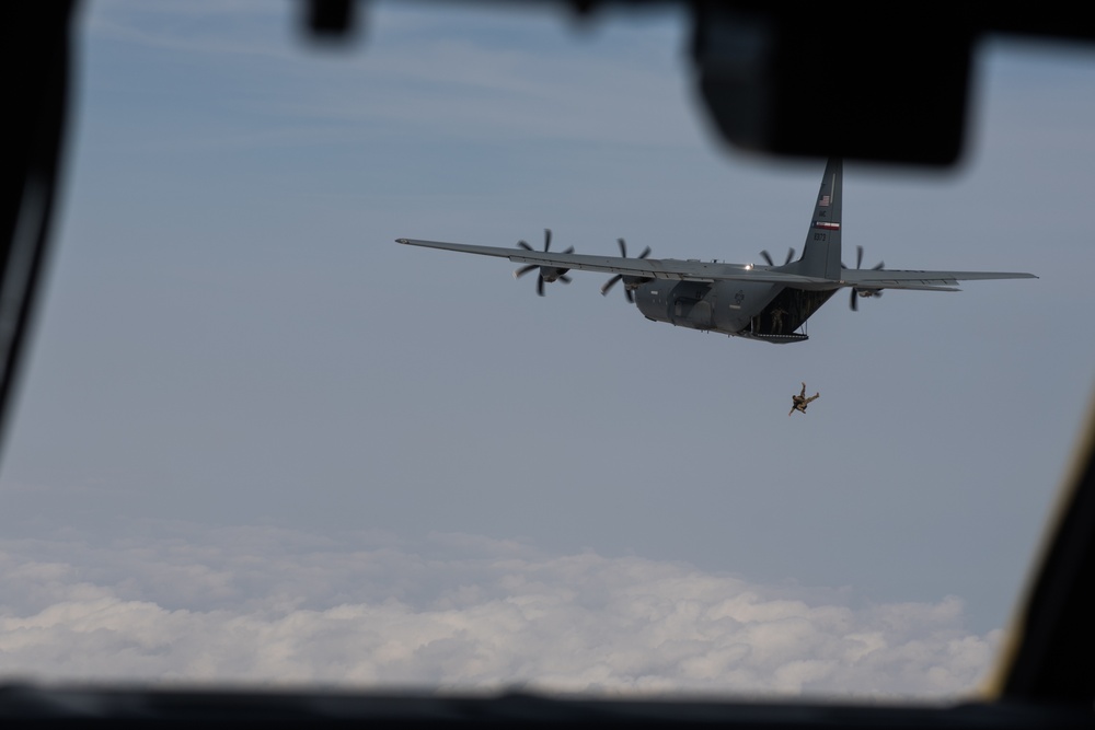 Pararescue Airmen practice military free fall