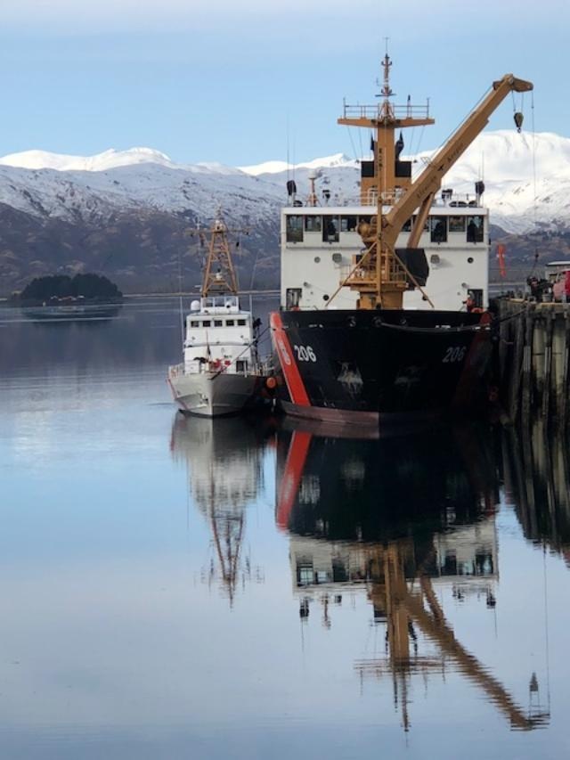 Coast Guard Cutters Naushon, SPAR, conduct crane operations, Kodiak, Alaska