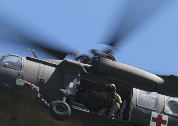 U.S. Army Medevac soars through nuclear catastrophe training