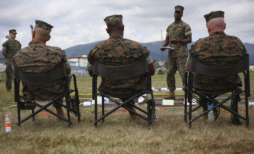 3rd Battalion, 12th Marine Regiment Marines brief simulated mission profile during Artillery Relocation Training Program 18-1