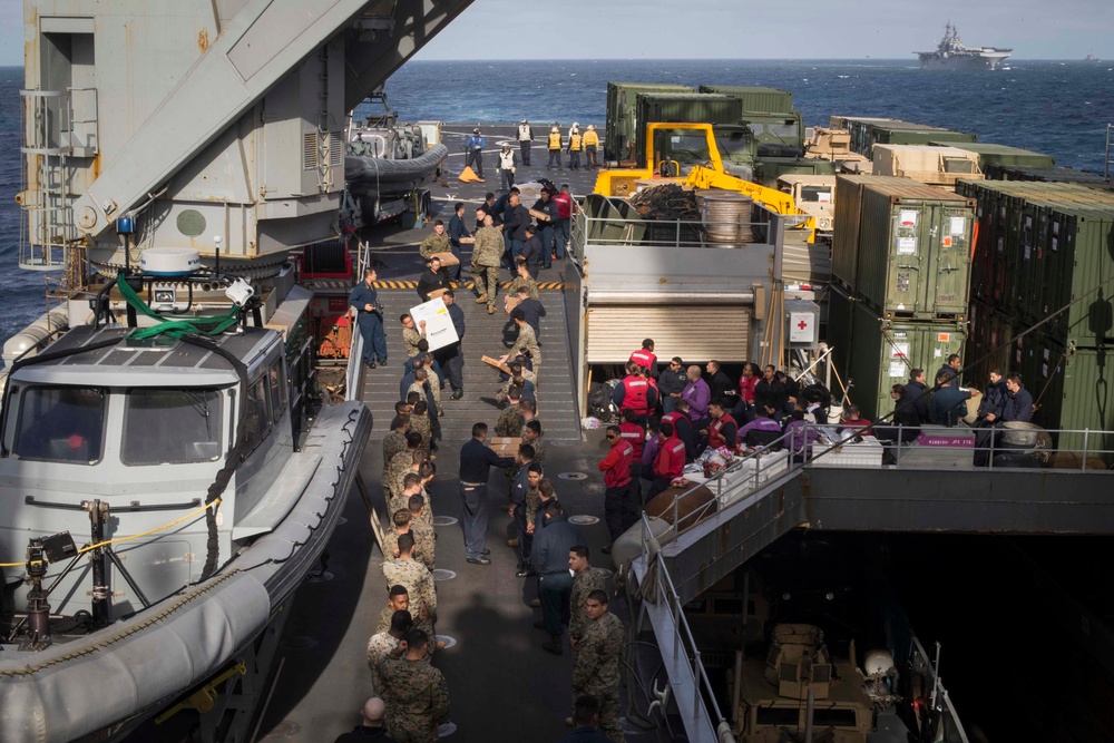 USS Rushmore undergoes replenishment at sea