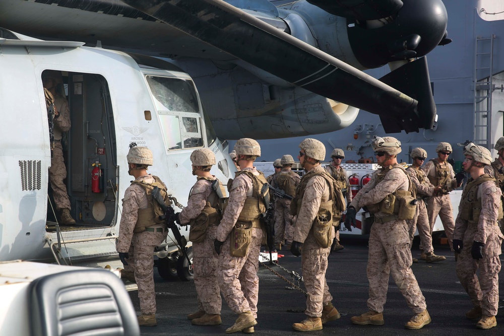 MEU Marines practice fast-roping aboard Iwo Jima