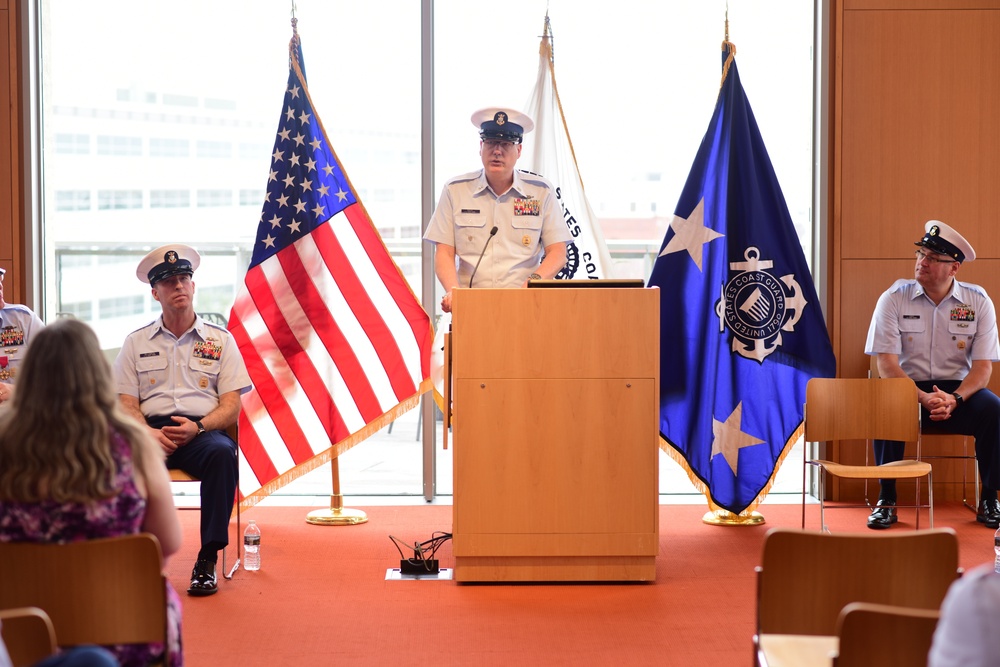 Master Chief Petty Officer James H. Bach gives his first speech as the Atlantic Area Command Master Chief