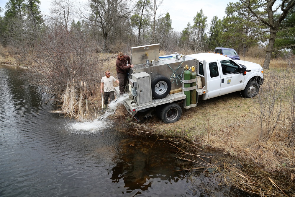 U.S. Fish and Wildlife Service personnel stock trout at Fort McCoy lakes