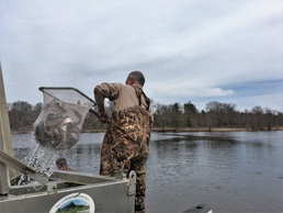 U.S. Fish and Wildlife Service personnel stock trout at Fort McCoy lakes