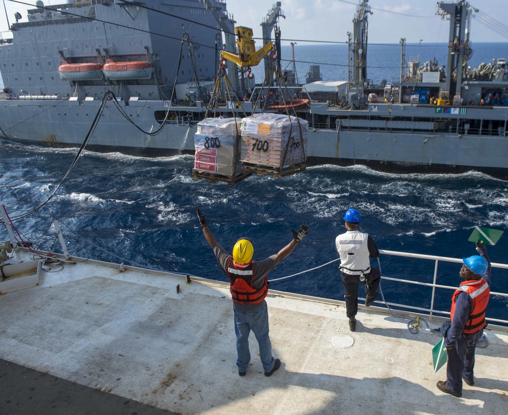 Service members and civilian mariners conduct a replenishment-at-sea aboard USNS Mercy