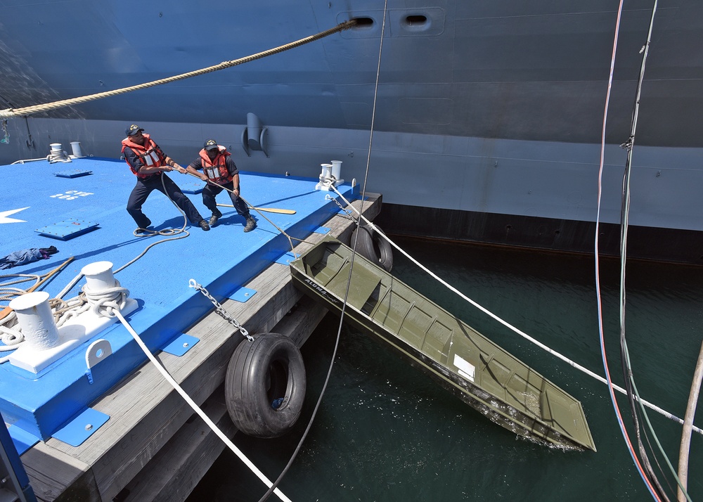 Deck Sailors use a small craft to perform corrosion preventative maintenance on the port side anchor.