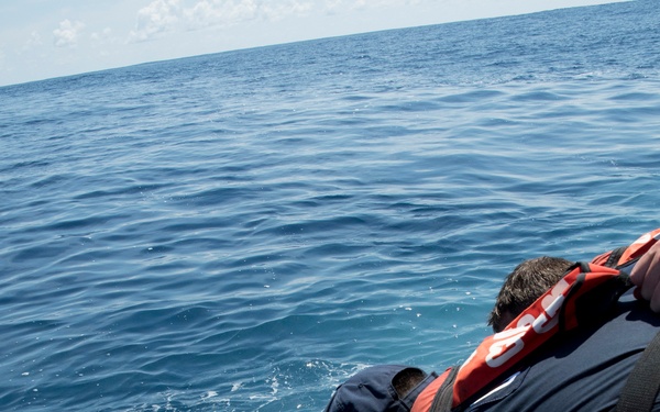 A person wearing a dark uniform and orange life vest leans over the side of an inflatable orange rescue boat to interact with a sea turtle at the water's surface. The setting is open ocean under clear, sunny conditions. This appears to be a marine wildlife rescue or research operation.