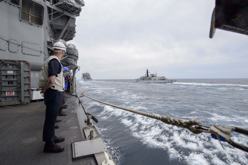 USS Antietam (CG 54) comes alongside USNS Cesar Chavez (T-AKE-14) during a replenishment at sea