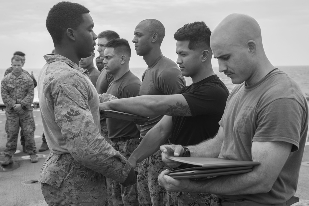 26th MEU, Fox Company, conducts Martial Arts Instructor course aboard the USS Oak Hill while underway