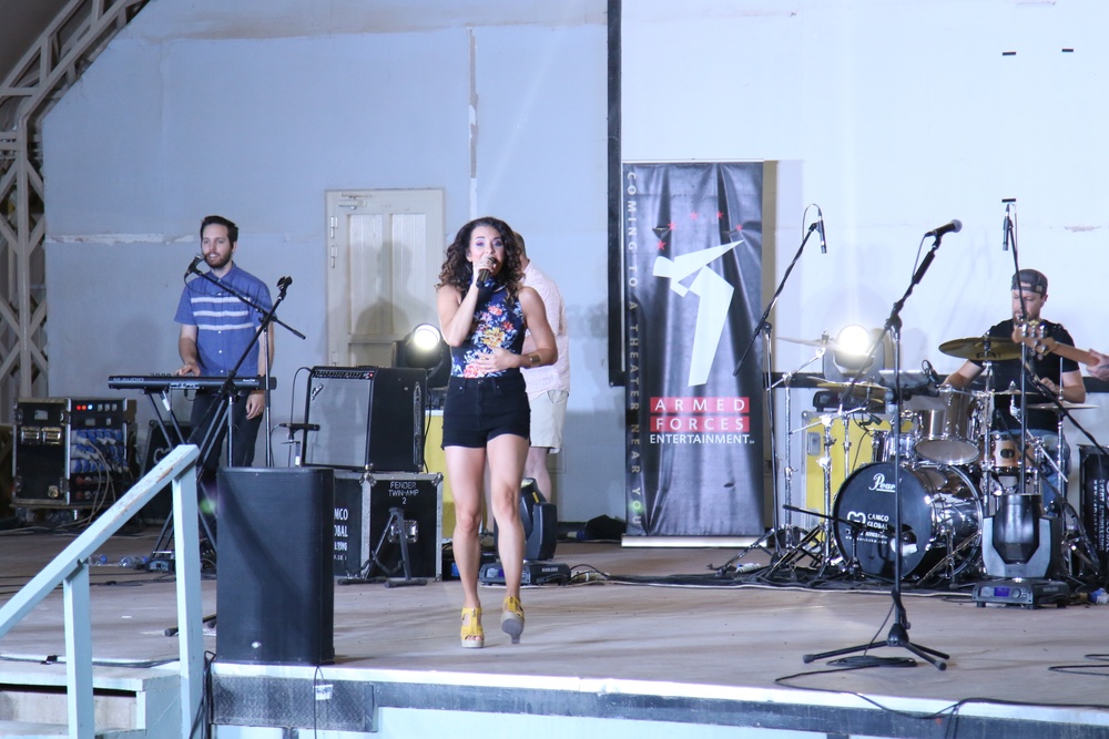 Pop artist Danika Portz performs for service members training in Kuwait, Jordan