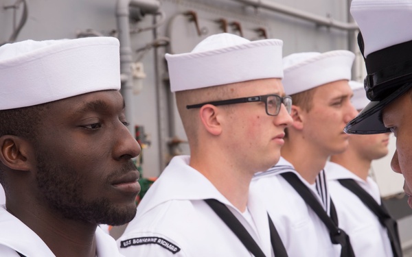 Uniform inspection aboard USS Bonhomme Richard (LHD 6)