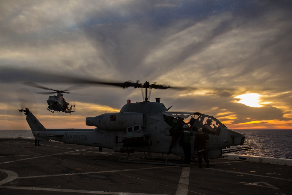 Sunset flight operations aboard the USS New York