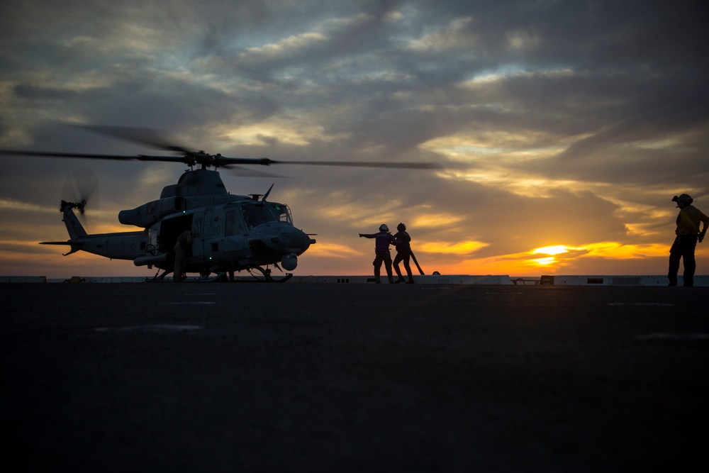 Sunset flight operations aboard the USS New York