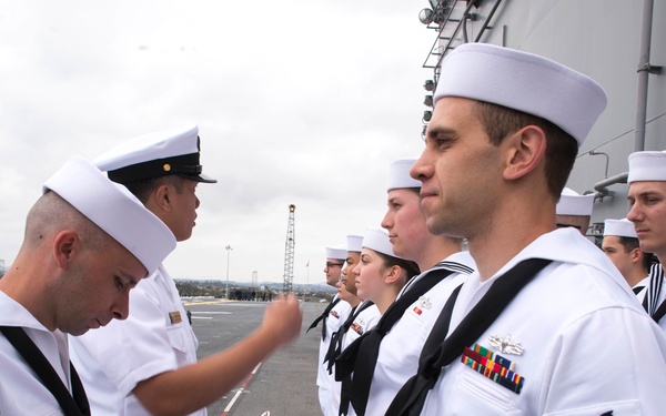 Uniform inspection aboard USS Bonhomme Richard (LHD 6)