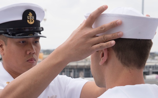 Uniform inspection aboard USS Bonhomme Richard (LHD 6)